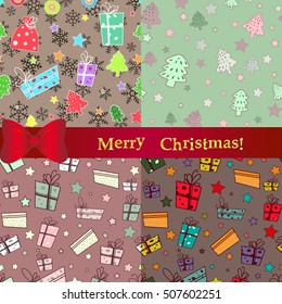 Set of seamless bright and pastel background patterns of cartoon items for the New year and Christmas: gifts, bag of gifts, stars, Christmas trees and Christmas decorations