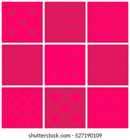 Set of seamless bright pink hearts patterns. Valentine's day tile backgrounds. Romantic vector patterns.