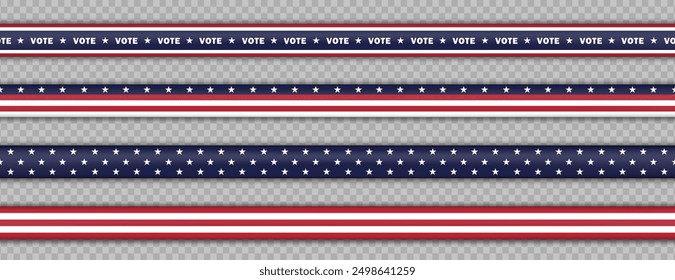 Set of seamless bright realistic ribbons with stripes, stars and text VOTE (2024 U.S. Presidential Election). Endless 3d barricade tapes in colors of American flag isolated on transparent background