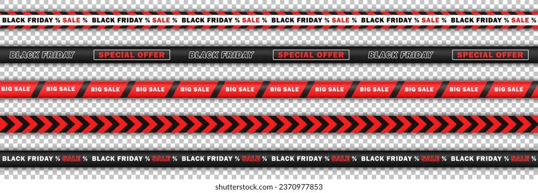 Set of seamless bright red realistic ribbons with text - big sale, Black Friday. Collection of endless barricade tapes, discount stripes for online shopping isolated on transparent background