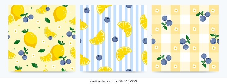 A set of seamless, bright summer patterns. Three vector patterns with lemons and blueberries in the background.