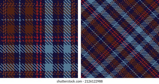Set seamless brown, blue, red plaid background. Straight and oblique scottish cage textured. Vector graphics of printing on fabric, shirt, textile, curtain and tablecloth.