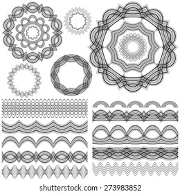 Set of seamless  brushes or dividers. 10 isolated element for your design.5 flower mandalas. Ornate monochrome editable template.  Vector illustration.