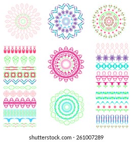 Set of seamless  brushes or dividers. 21 isolated element for your design.5 flower mandalas. Ornate floral editable template. Bright colors. Vector illustration.