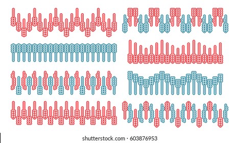 Set of seamless brushes with Scandinavian geometric pattern of fir and pine trees in white, red, and blue. Vector elements for border and divider design.