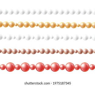 Set seamless brushes in shape of glass beads strings, realistic vector illustration isolated on white background. Endless borders or brushes in shape of chain of beads.