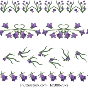 Set of seamless brushes with spring wildflowers. Bushes blue bells with foliage. Horizontal curb. Template for fabric packaging. Hand illustration