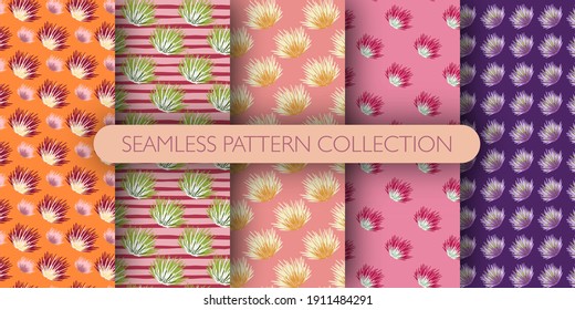 Conjunto de patrones de arbusto sin soldadura. Colección de fondo de arbustos. Resumen del fondo del cactus. Diseñado para papel pintado, textil, papel envolvente, impresión de tela. Ilustración vectorial.