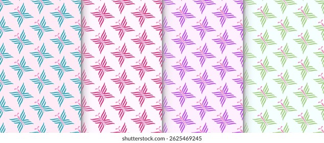 A set of seamless butterfly-inspired geometric patterns in 4 colorways. Perfect for textiles, packaging, wallpapers, and digital design.