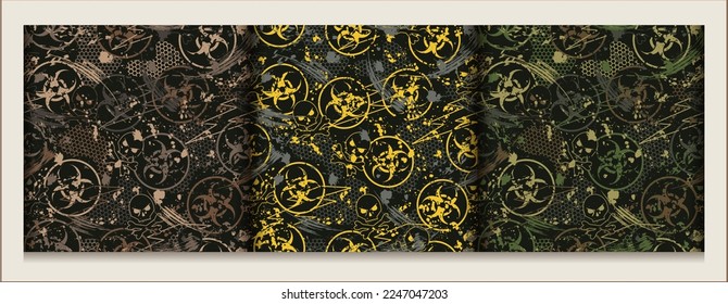 Set of seamless camouflage pattern with Biological hazard symbol, paint brush strokes, skull and crossbones, hexagon net. For apparel, fabric, textile, sport goods. Grunge texture