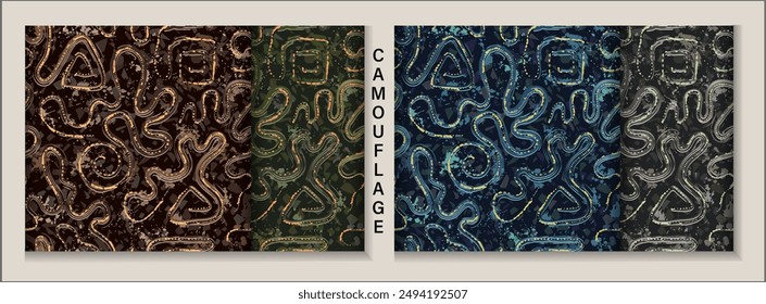 Set of seamless camouflage patterns with abstract wavy shapes, swirls, twirls, paint brush strokes, blots, spattered paint. Dense random composition. Grunge texture