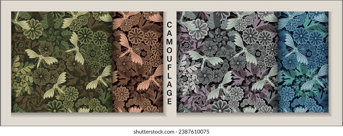 Set of seamless camouflage patterns with nature elements, chamomile flower, moth, butterfly, forest leaves. Fractal, spiral, funnel shapes with elements. For apparel, fabric, textile, sport goods