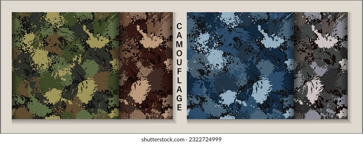 Set of seamless camouflage patterns with paint splatter, stains, blots, smudge of paint. Good for apparel, fabric, textile, surface design. For prints, clothing, t shirt, surface design. Vintage style