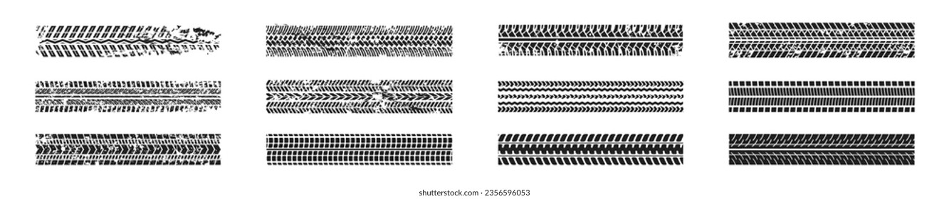 Set of seamless car tire tracks isolated on transparent background. Vector illustration