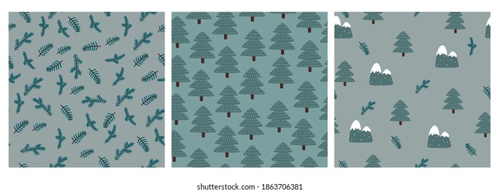 Set of seamless cartoon colorful hand drawn forest patterns for fabric textile or wrapping paper. Pine branches, fir and mountains vector illustration 