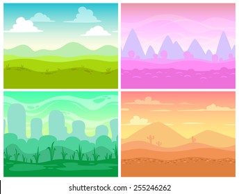 Set of seamless cartoon landscapes for game design, horizontal nature background