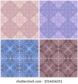 Set of seamless ceramic tiles in blue and beige retro colors with vintage ethnic patterns and floral motifs in the style of a patchwork vector illustration with an ornament