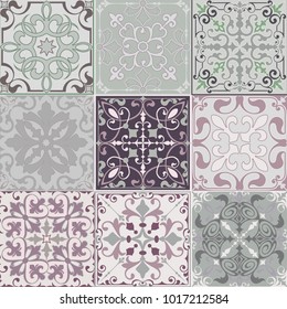 Set of seamless ceramic tiles in blue and beige retro colors with vintage ethnic patterns and floral motifs in the style of a patchwork vector illustration with an ornament