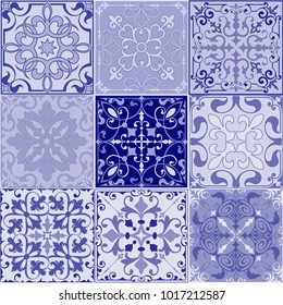 Set of seamless ceramic tiles in blue and beige retro colors with vintage ethnic patterns and floral motifs in the style of a patchwork vector illustration with an ornament