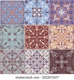 Set of seamless ceramic tiles in blue and beige retro colors with vintage ethnic patterns and floral motifs in the style of a patchwork vector illustration with an ornament
