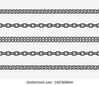 Set seamless chain link. Different chains silhouette black and white isolated on background. Chainlet line design elements.