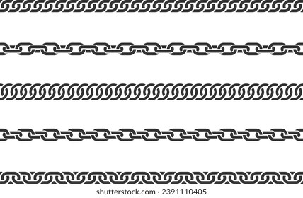 Set seamless chain link. Different chains silhouette black and white isolated on background. Chainlet line design elements.