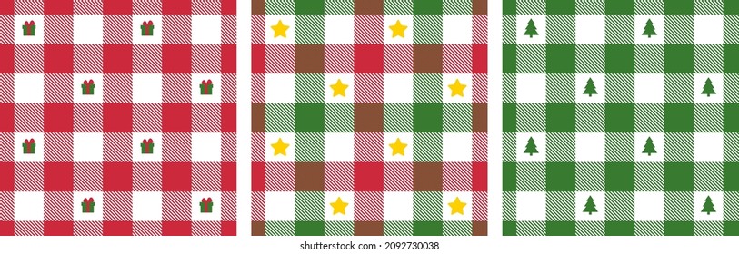 Un conjunto de patrones navideños sin fisuras a cuadros. Patrón de gingham verde rojo para Año Nuevo. Ilustraciones vectoriales para el diseño y empaquetado de tejidos vacacionales de invierno. Estrellas, árboles de Navidad, regalos.