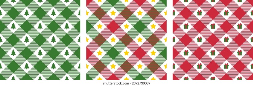 Un conjunto de patrones navideños sin fisuras a cuadros. Patrón de gingham verde rojo para Año Nuevo. Ilustraciones vectoriales para el diseño y empaquetado de tejidos vacacionales de invierno. Estrellas, árboles de Navidad, regalos.