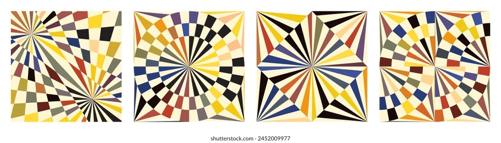 Set of seamless checkered pattern: circle and lines radiating from the center. Multicolored Optical Illusion. Vector illustration. 