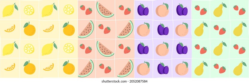 Conjunto de patrones a cuadros sin soldadura con limón, naranja, melocotón, fresa, sandía, pera, ciruela. Frutos de la temporada de verano. Ilustración vectorial.