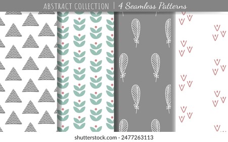 Set of seamless childish hand drawn patterns. Trendy modern shape doodle backgrounds. 