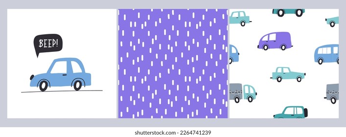 Set of seamless childish pattern with hand drawn cartoon cars. Creative kids abstract texture for fabric, wrapping, textile, wallpaper, apparel. Vector illustration