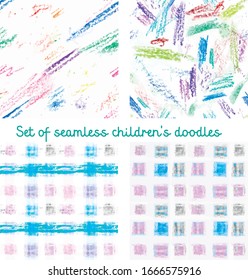 Set of seamless children's doodles vector print. Cartoon pencil. Chalk drawing. Baby painting seamless pattern. Minimalistic background. Toddler Doodle. School pictures. Vector seamless background.