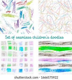 Set of seamless children's doodles vector print. Cartoon pencil. Chalk drawing. Baby painting seamless pattern. Minimalistic background. Toddler Doodle. School pictures. Vector seamless background.