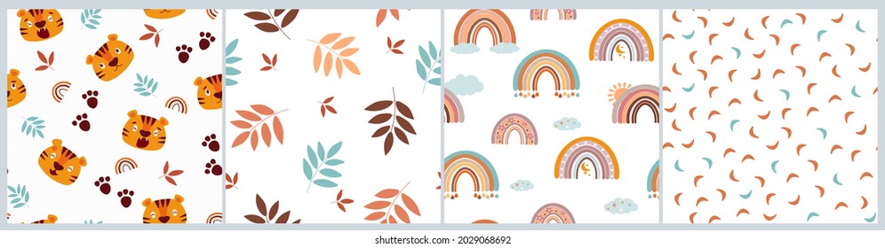 A set of seamless children's pattern with funny tiger faces, different emotions, paw prints, leaves, rainbows, arches, clouds. Print for baby clothes, textiles, fabrics. Vector graphics.