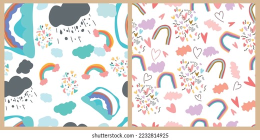 Set of seamless children's pattern with handmade rainbows and hearts. Creative Scandinavian children's texture for fabric, wrapping, textile, wallpaper, clothing. Vector illustration