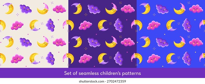 Un conjunto de patrones infantiles sin costuras en varios fondos. Luna y nubes en el cielo nocturno. Para textiles, Fondo de pantalla y embalaje. Ilustración vectorial plana.