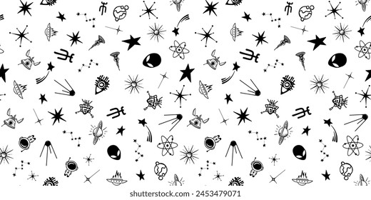 Set of seamless children's patterns with UFO elements. Ornament for fabric, children's clothes, wallpaper, wrapping paper. Black and white vector background. Space, stars, rockets.