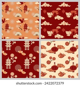 Set of seamless Chinese or Japanese style wallpaper with a flying bird and a pagoda