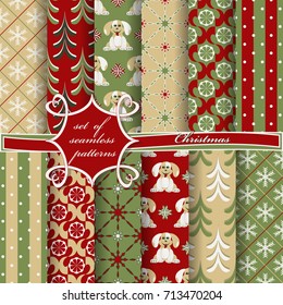set of seamless Christmas abstract vector paper with decorative shapes and design elements for scrapbook