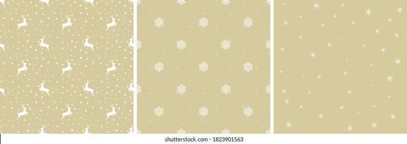 Set of seamless Christmas backgrounds. Brown snowflakes, stars, deer on a white light background. EPS 10