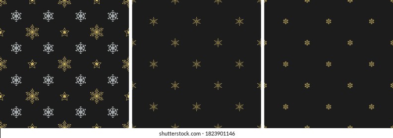 Set of seamless Christmas backgrounds. Gold snowflakes and stars on a black background. EPS 10