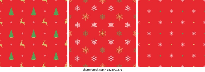Conjunto de antecedentes navideños impecables. Copos de nieve dorados y verdes, estrellas, árboles de navidad de venado con fondo rojo. EPS 10
