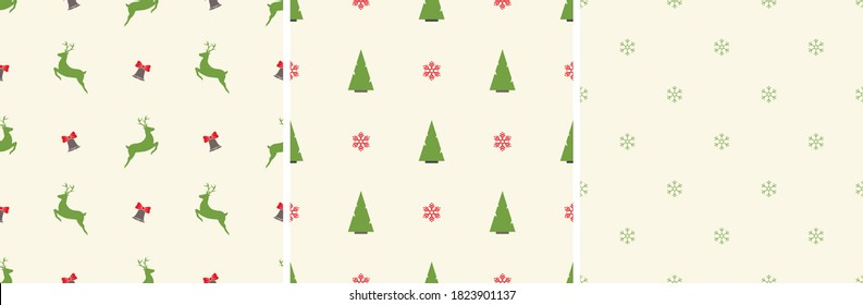 Set of seamless Christmas backgrounds. Green and red Christmas trees, deer and snowflakes on a white background. EPS 10