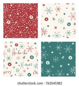 Set of seamless Christmas backgrounds with hand drawn snowflakes and stars. Winter holiday patterns. Vector template for holiday textile, invitations, greeting scrapbooking and wrapping paper.