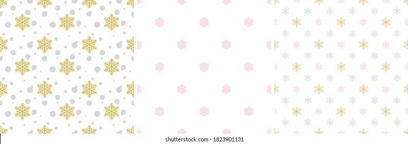 Set of seamless Christmas backgrounds. Pink, gray and gold snowflakes and balls on a white background. EPS 10