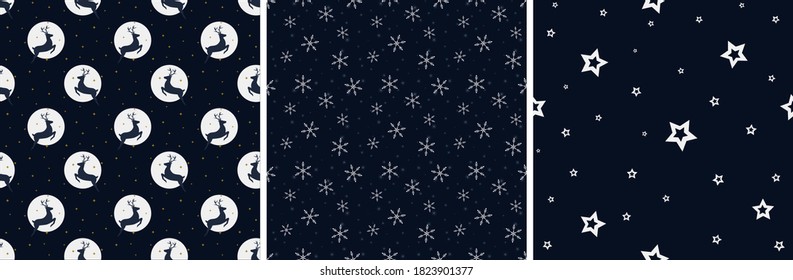 Set of seamless Christmas backgrounds. White snowflakes, deer, stars on a dark blue background. EPS 10