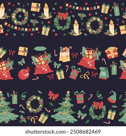 Set of seamless Christmas borders with festive elements. Patterns with a Christmas tree, gifts and a wreath. Background for festive design of cards, websites, fabric, etc.