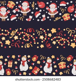 Set of seamless Christmas borders with festive elements. Patterns with Santa Claus, snowman and gifts. Background for festive design of cards, websites, fabric, etc.