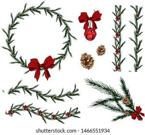 Set of seamless Christmas fir brushes. Round Christmas wreath. Spruce branch with cones,bow and bell. For festive design, announcements, postcards, posters. Vector hand drawn illustration. 